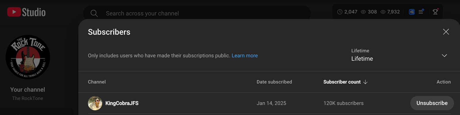 KingCobraJFS listed as a subscriber to The Rocktones YouTube channel.